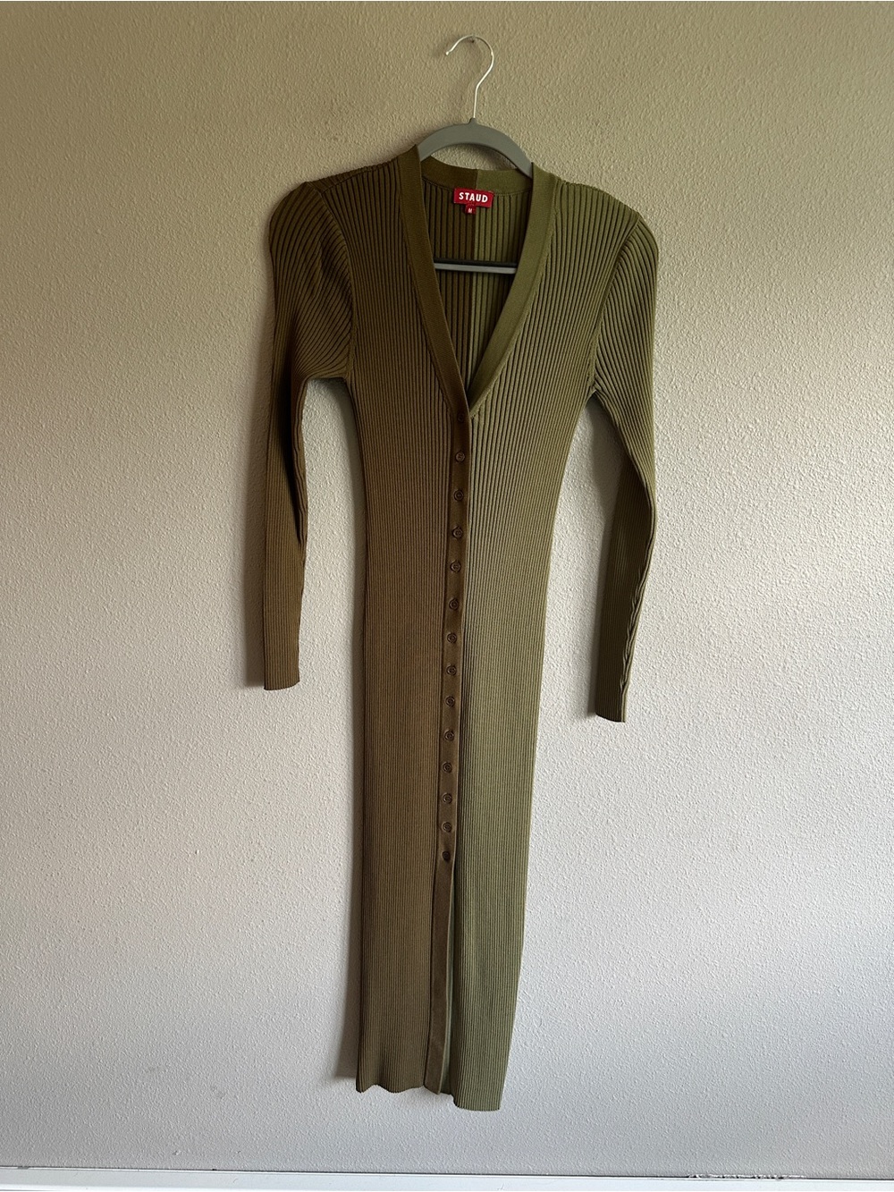 STAUD Shoko Two-Tone Olive Brown Ribbed Button-Front Midi Dress Medium - Picture 2 of 11